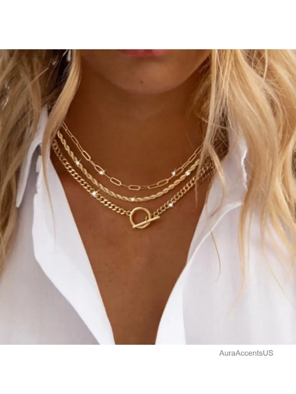14K Gold Plated Layered Necklace Set - Toggle Clasp Brass Chain
